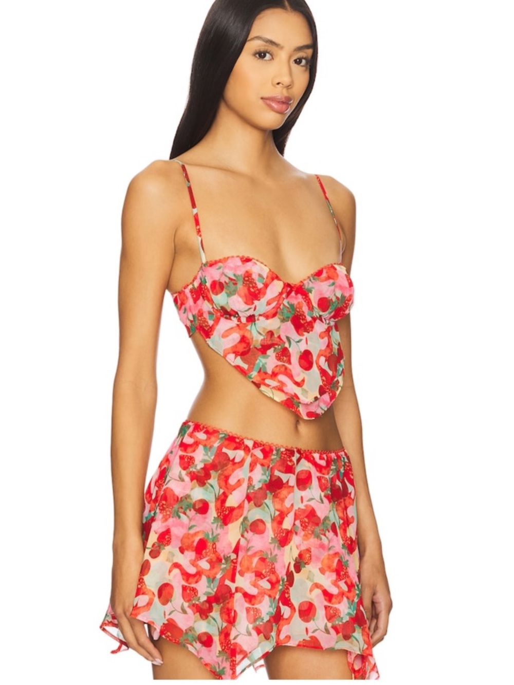 For Love And Lemons Pink and Red Floral Asymmetric Wrap Skirt Set